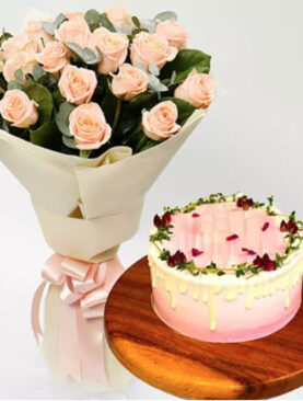 20 Peach Roses Bouquet with Lychee Raspberry Cake