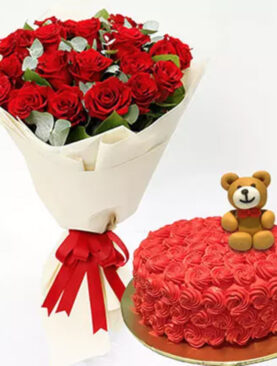 20 Red Roses Bouquet with Teddy Cake