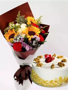 Mocha Cake and Beautiful Floral Bouquet