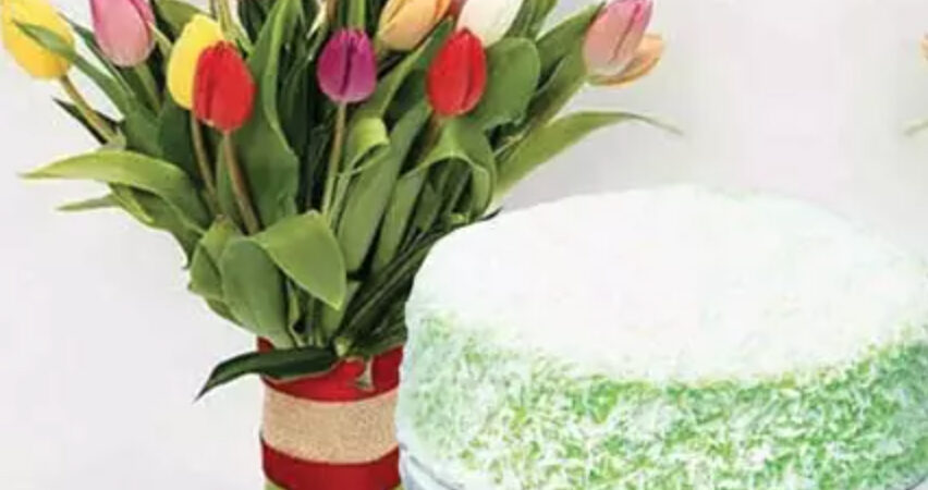 Vibrant Tulips Bunch and Ondeh Ondeh Cake Bundle 2