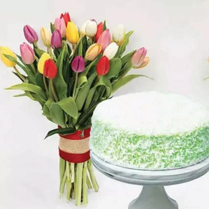 Vibrant Tulips Bunch and Ondeh Ondeh Cake Bundle