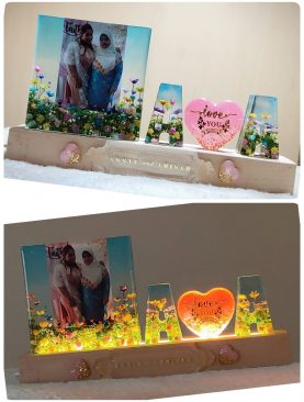 Flower Resin Photoframe Letters Night Light with figurine and customised message