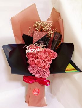 SOLD OUT! We Luv You Mom Roses n Cosmetic Pretty Pink Roses in Black Bouquet
