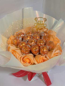 SOLD OUT! Happy Birthday Teddy Peach Roses Orange Lindor Chocolate Bouquet