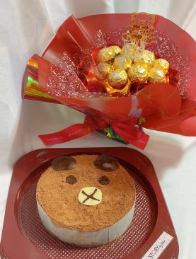 HBD Teddy Red Roses & Rocher Chocolate Bouquet with Bear Chocolate Mousse Cake Bundle