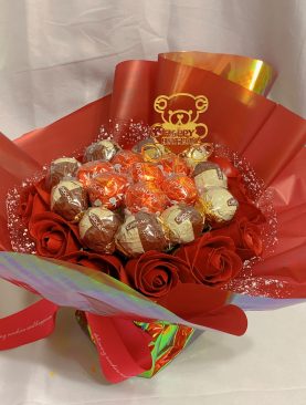 HBD Teddy Red Roses Truffle Red Lindor Chocolate Bouquet