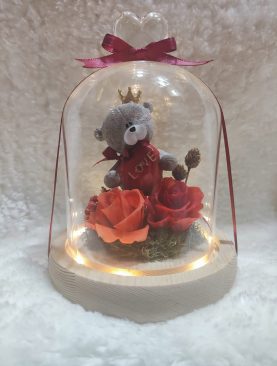 Valentine Series Handcrafted Flower Dome – Love Bear or Love Red Roses