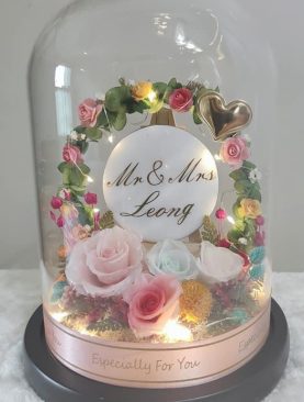 Anniversary Series Handcrafted Flower Dome – Pastel Roses White Plate or Red Roses Black Plate